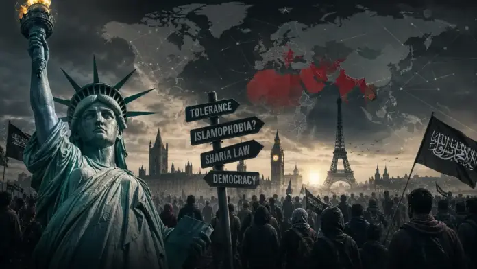 Cinematic editorial image showing the Statue of Liberty, European landmarks, a world map, migration crowds, surveillance symbols, and directional signs for tolerance, democracy, Islamophobia, and Sharia law.