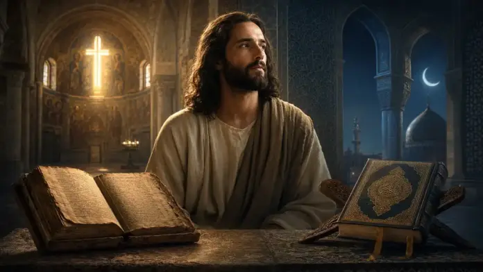 Jesus Christ between a Christian manuscript and the Quran, symbolizing the different theological understandings of Jesus in Christianity and Islam.