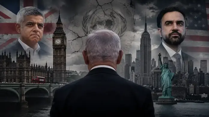 Editorial composite showing Benjamin Netanyahu facing the political divide between London Mayor Sadiq Khan and New York Mayor Zohran Mamdani.